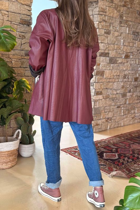 Made in Italy Runa Leather Look Relaxed Blazer Burgundy